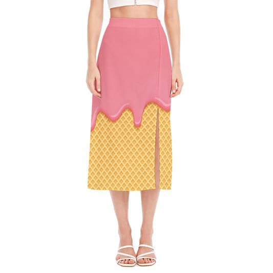 Pink Ice Cream Melted Print Side Slit Midi Skirt