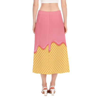 Pink Ice Cream Melted Print Side Slit Midi Skirt