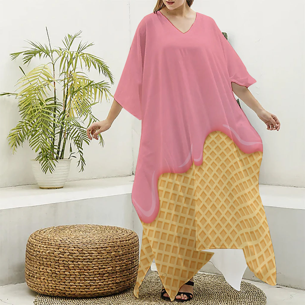 Pink Ice Cream Melted Print Silk V-Neck Kaftan Dress