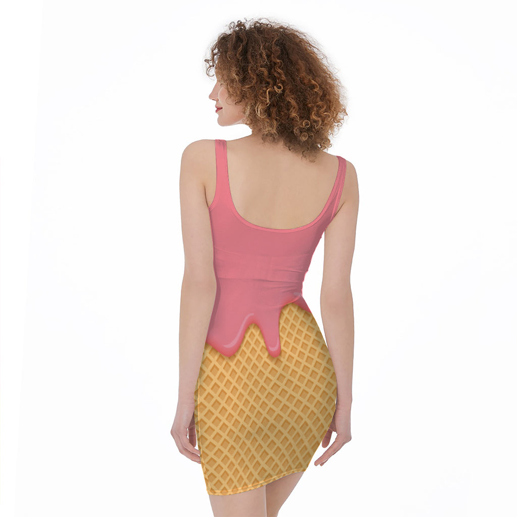 Pink Ice Cream Melted Print Sleeveless Bodycon Dress