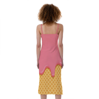 Pink Ice Cream Melted Print Slim Fit Midi Cami Dress