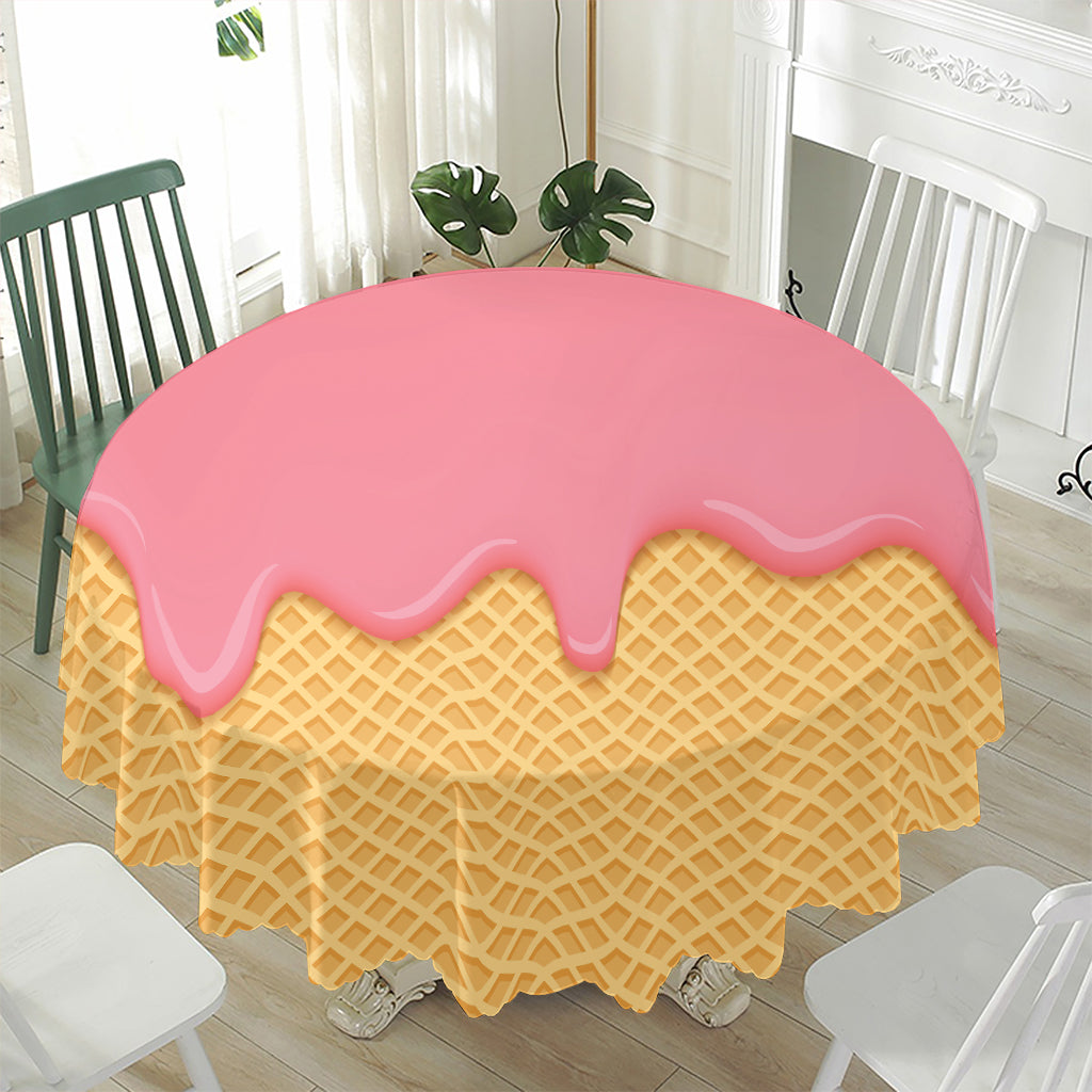 Pink Ice Cream Melted Print Waterproof Round Tablecloth