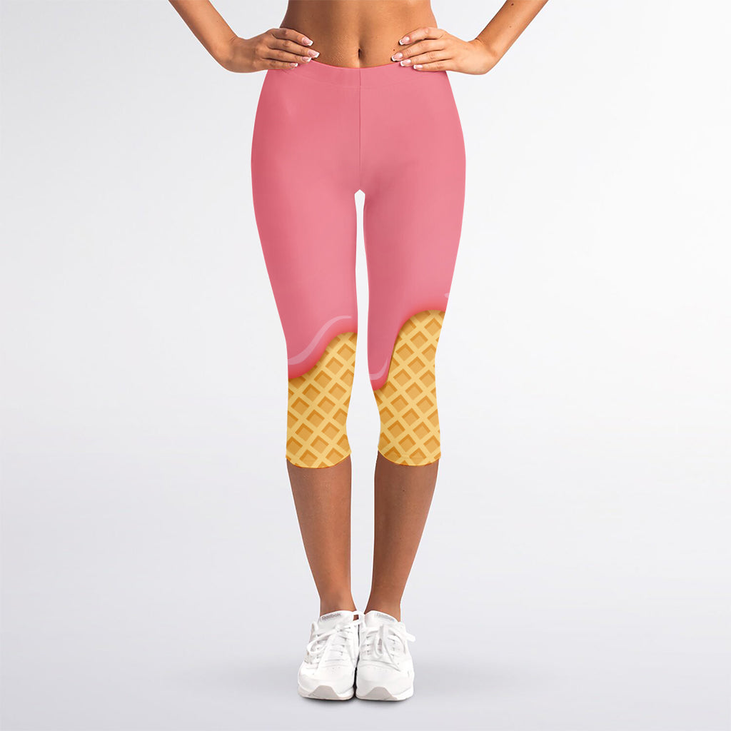 Pink Ice Cream Melted Print Women's Capri Leggings