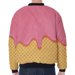 Pink Ice Cream Melted Print Zip Sleeve Bomber Jacket