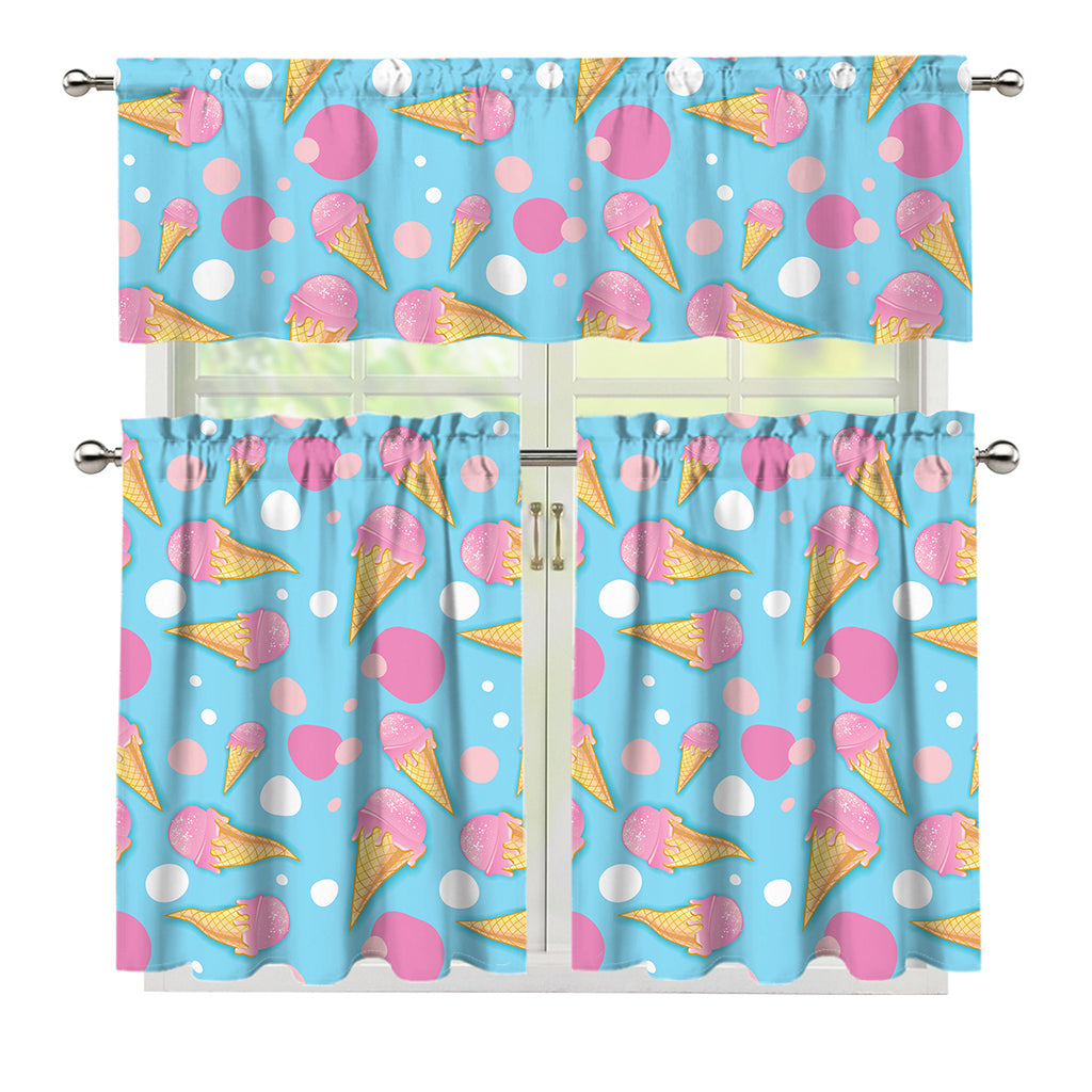 Pink Ice Cream Pattern Print 3 Piece Kitchen Curtains