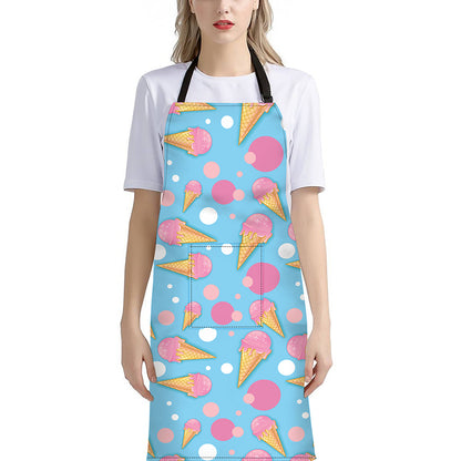 Pink Ice Cream Pattern Print Bib Apron With Pocket