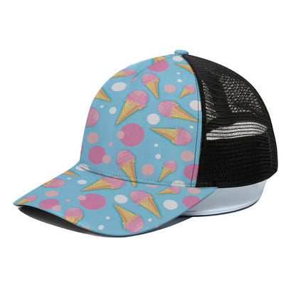 Pink Ice Cream Pattern Print Black Mesh Trucker Cap