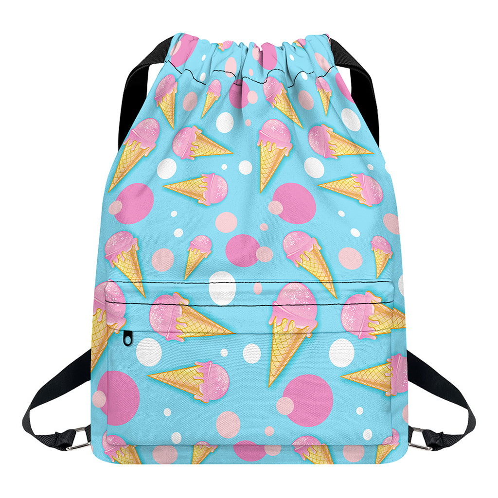 Pink Ice Cream Pattern Print Drawstring Backpack