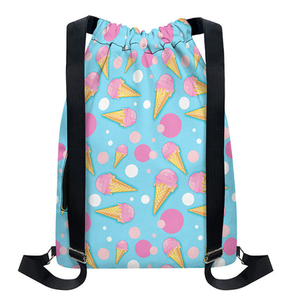 Pink Ice Cream Pattern Print Drawstring Backpack