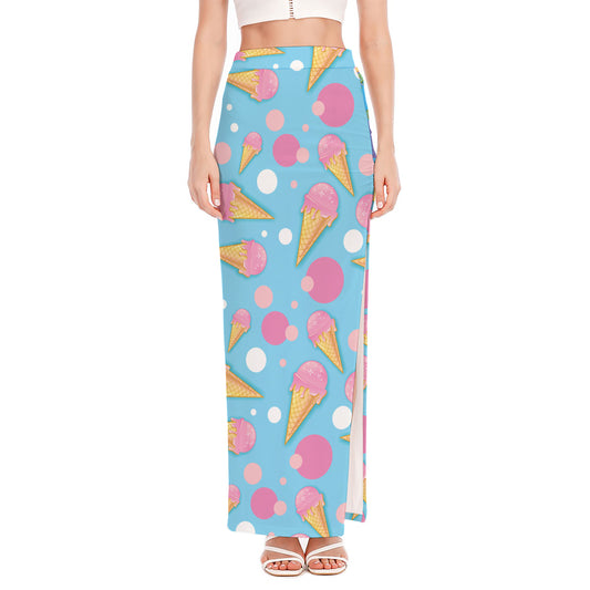 Pink Ice Cream Pattern Print High Slit Maxi Skirt