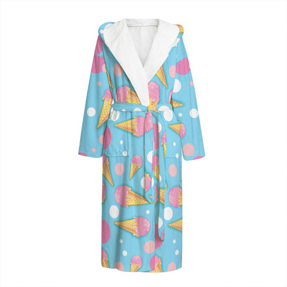 Pink Ice Cream Pattern Print Hooded Bathrobe