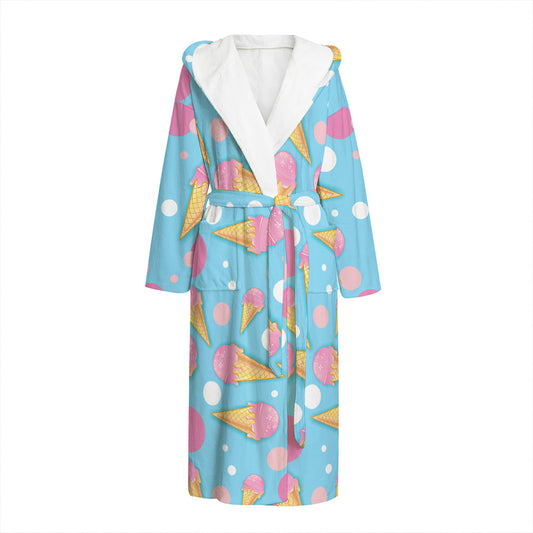 Pink Ice Cream Pattern Print Hooded Bathrobe