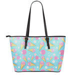 Pink Ice Cream Pattern Print Leather Tote Bag
