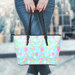 Pink Ice Cream Pattern Print Leather Tote Bag