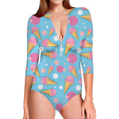 Pink Ice Cream Pattern Print Long Sleeve Swimsuit