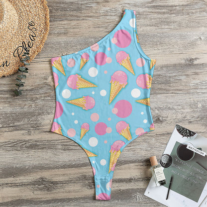 Pink Ice Cream Pattern Print One Shoulder Bodysuit