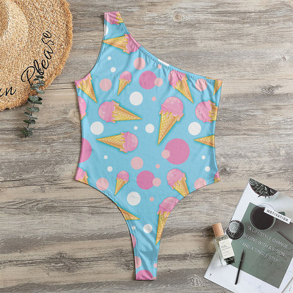 Pink Ice Cream Pattern Print One Shoulder Bodysuit