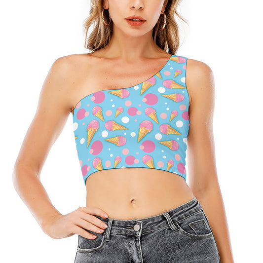Pink Ice Cream Pattern Print One Shoulder Crop Top