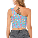 Pink Ice Cream Pattern Print One Shoulder Crop Top