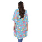 Pink Ice Cream Pattern Print Open Front Beach Cover Up