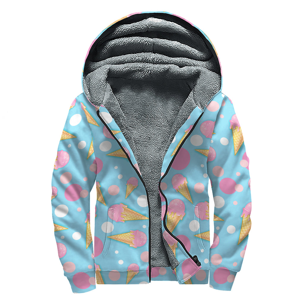 Pink Ice Cream Pattern Print Sherpa Lined Zip Up Hoodie