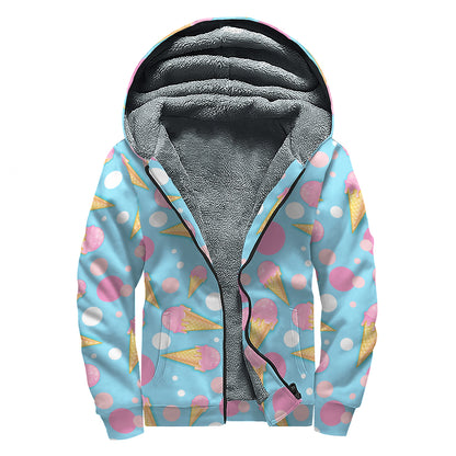 Pink Ice Cream Pattern Print Sherpa Lined Zip Up Hoodie