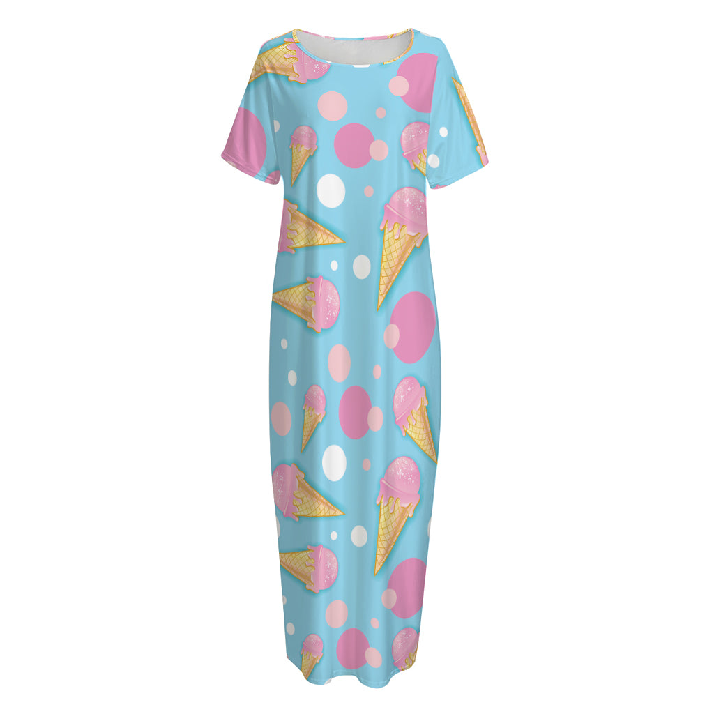 Pink Ice Cream Pattern Print Short Sleeve Long Nightdress
