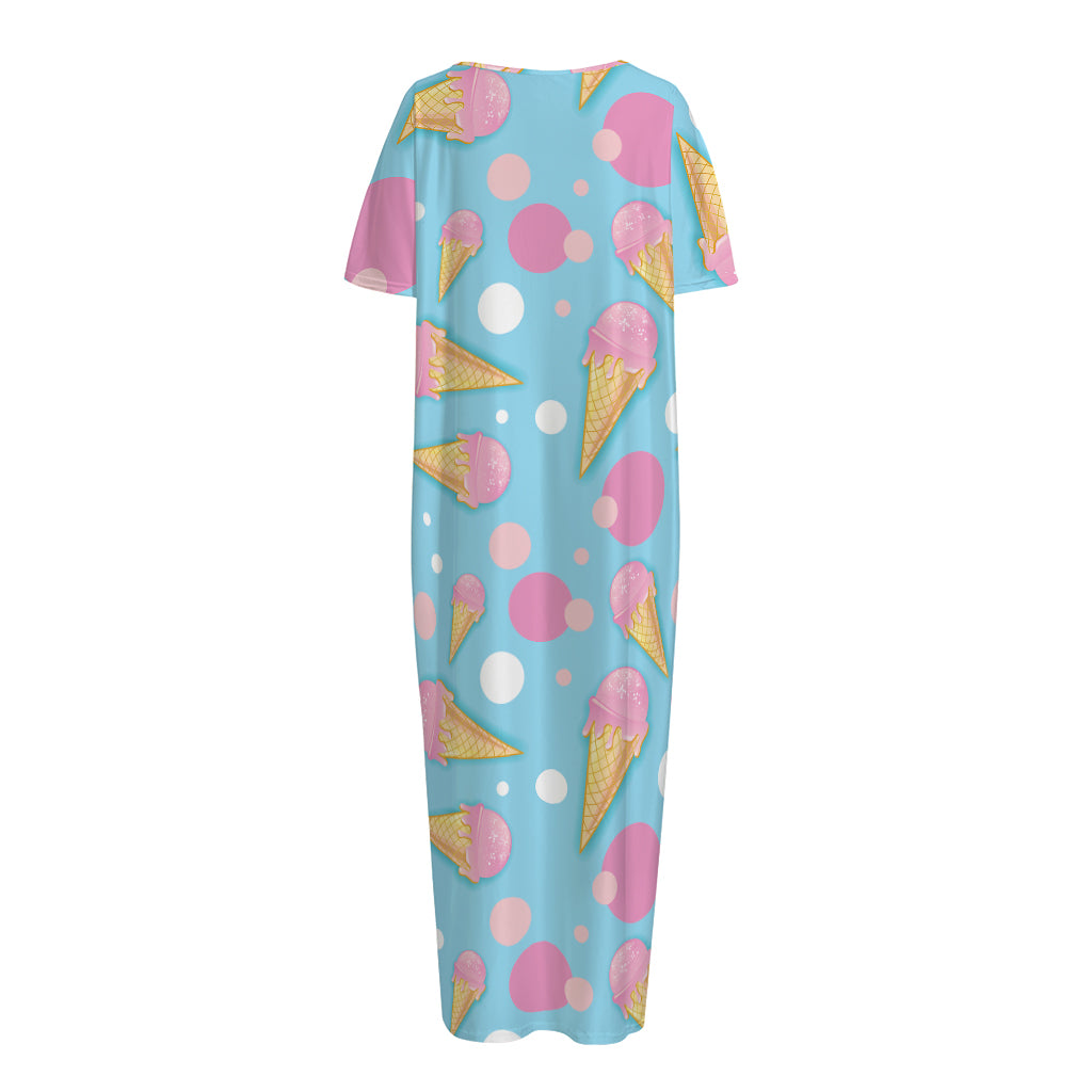 Pink Ice Cream Pattern Print Short Sleeve Long Nightdress
