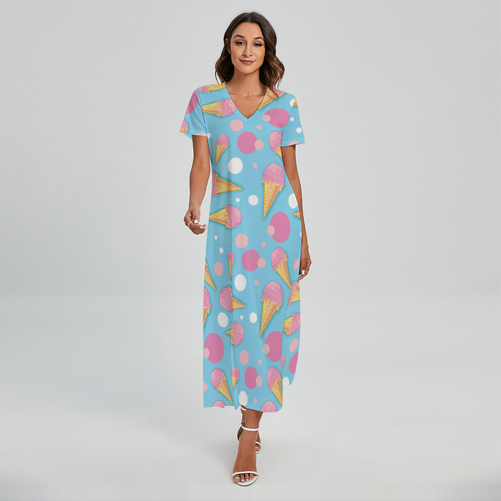 Pink Ice Cream Pattern Print Short Sleeve Maxi Dress