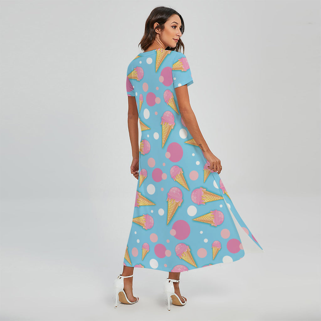 Pink Ice Cream Pattern Print Short Sleeve Maxi Dress