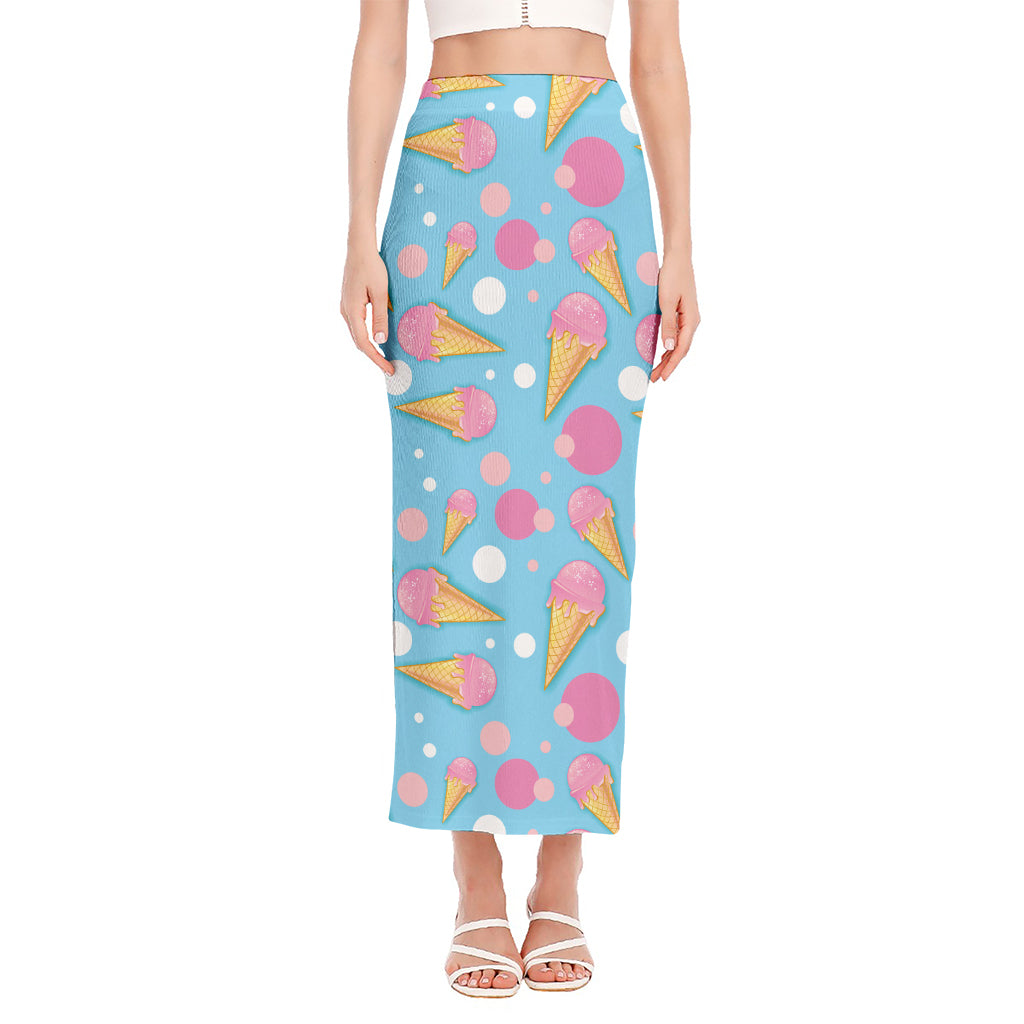 Pink Ice Cream Pattern Print Side Slit Maxi Skirt