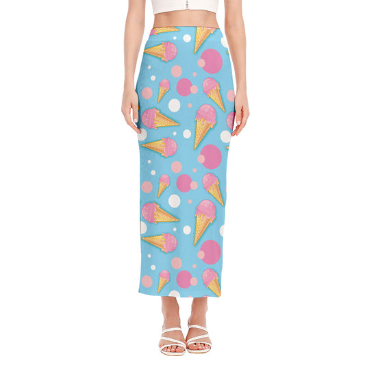 Pink Ice Cream Pattern Print Side Slit Maxi Skirt