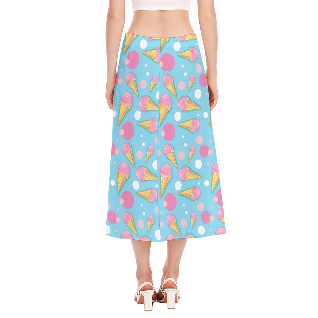 Pink Ice Cream Pattern Print Side Slit Midi Skirt