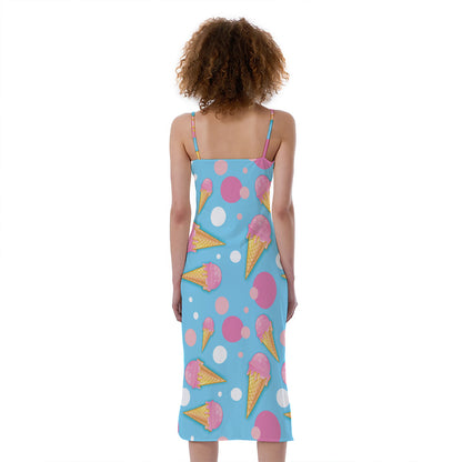 Pink Ice Cream Pattern Print Slim Fit Midi Cami Dress