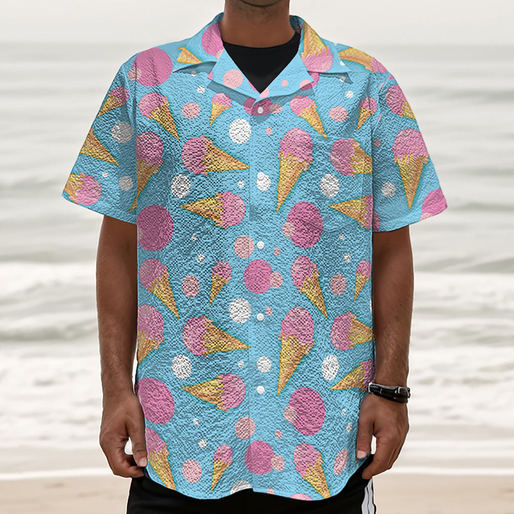 Pink Ice Cream Pattern Print Textured Short Sleeve Shirt