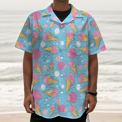 Pink Ice Cream Pattern Print Textured Short Sleeve Shirt