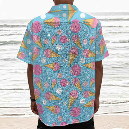Pink Ice Cream Pattern Print Textured Short Sleeve Shirt