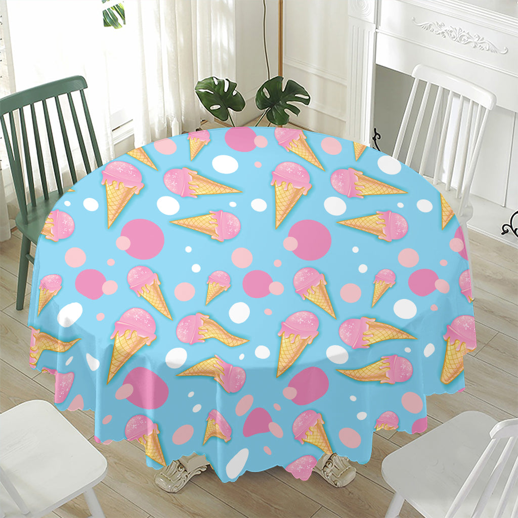 Pink Ice Cream Pattern Print Waterproof Round Tablecloth