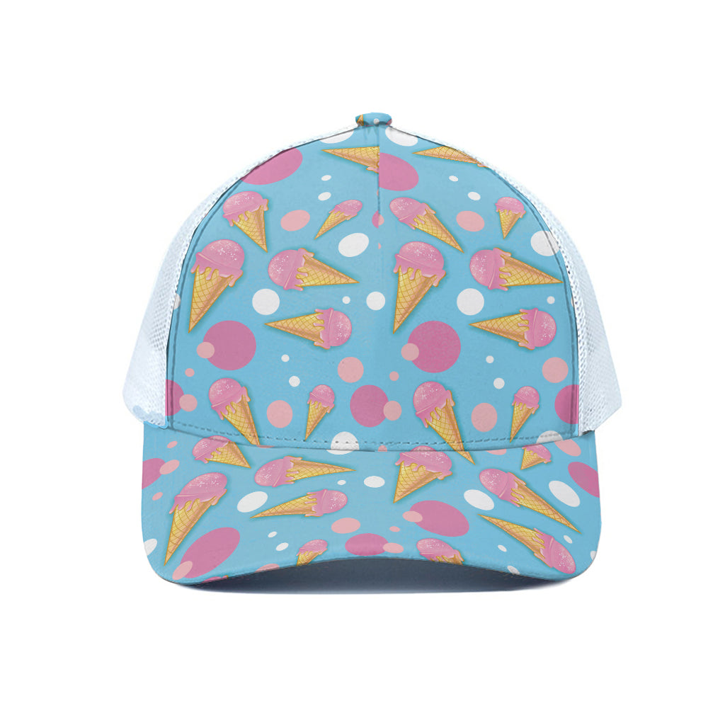 Pink Ice Cream Pattern Print White Mesh Trucker Cap