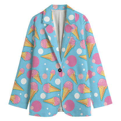 Pink Ice Cream Pattern Print Women's Cotton Blazer