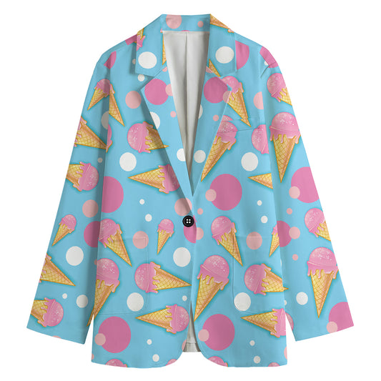 Pink Ice Cream Pattern Print Women's Cotton Blazer