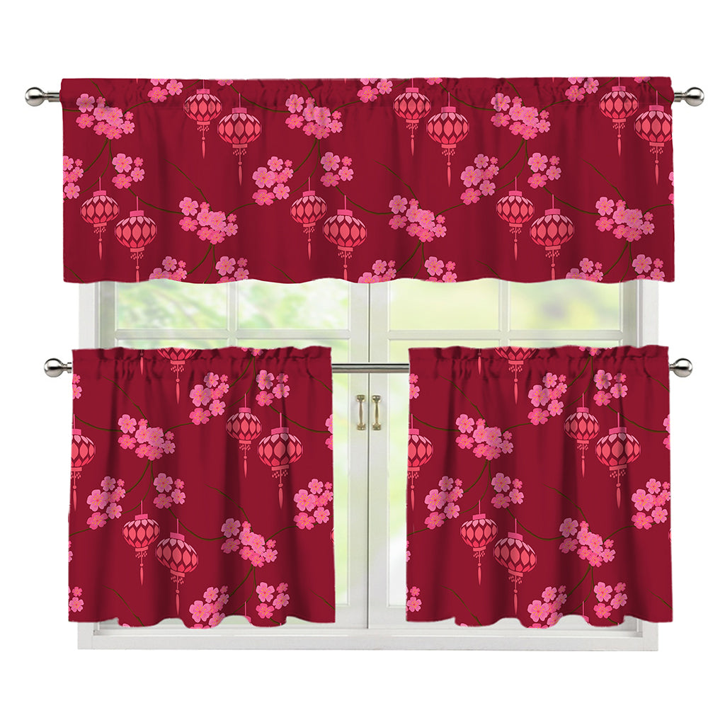 Pink Japanese Lantern Pattern Print 3 Piece Kitchen Curtains