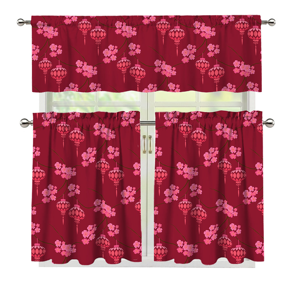 Pink Japanese Lantern Pattern Print 3 Piece Kitchen Curtains