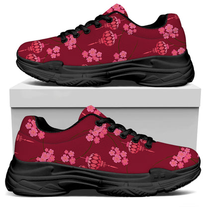 Pink Japanese Lantern Pattern Print Black Chunky Shoes