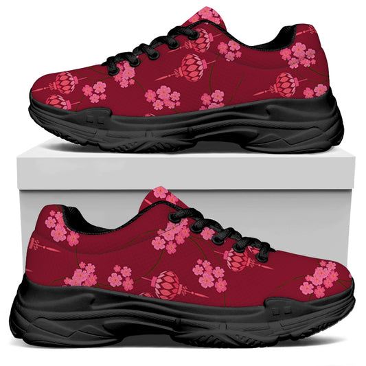 Pink Japanese Lantern Pattern Print Black Chunky Shoes