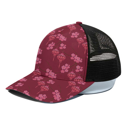 Pink Japanese Lantern Pattern Print Black Mesh Trucker Cap