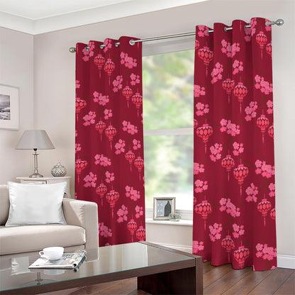 Pink Japanese Lantern Pattern Print Blackout Grommet Curtains