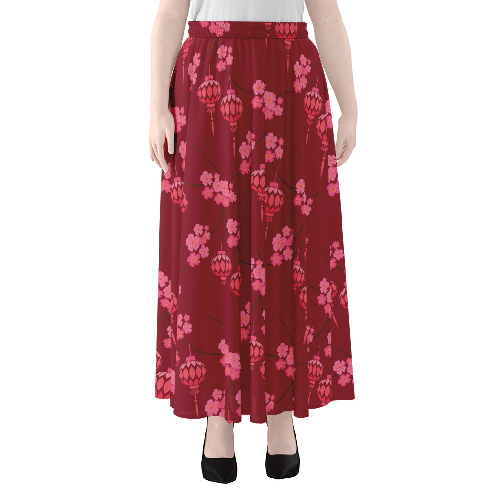Pink Japanese Lantern Pattern Print Chiffon Maxi Skirt