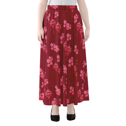 Pink Japanese Lantern Pattern Print Chiffon Maxi Skirt