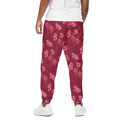 Pink Japanese Lantern Pattern Print Cotton Pants